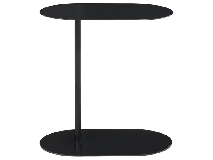 A modern black metal side table with a minimalist design, featuring a single central pedestal support and two oval-shaped platforms, one tabletop and one base, shown against a plain white background.