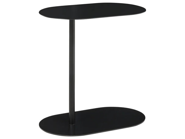 A modern black metal side table with an asymmetrical design, featuring a single central pedestal column and two elongated oval-shaped shelves, shown against a plain white background.