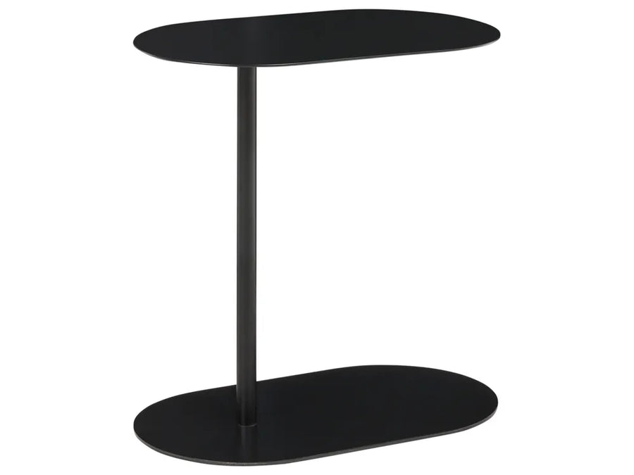 A modern black metal side table with an asymmetrical design, featuring a single central pedestal column and two elongated oval-shaped shelves, shown against a plain white background.