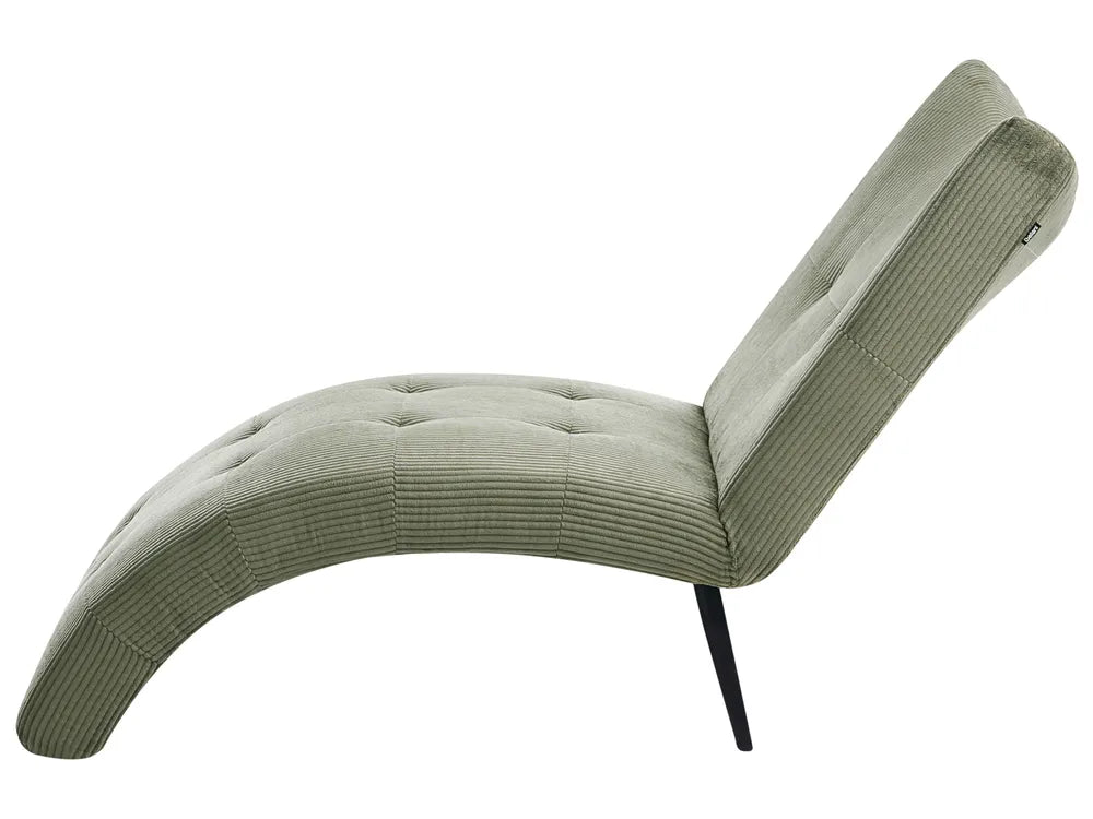 A modern curved lounge chair upholstered in a textured sage green corduroy fabric with a tufted seat and backrest, supported by slim black metal legs, shown against a plain white background.