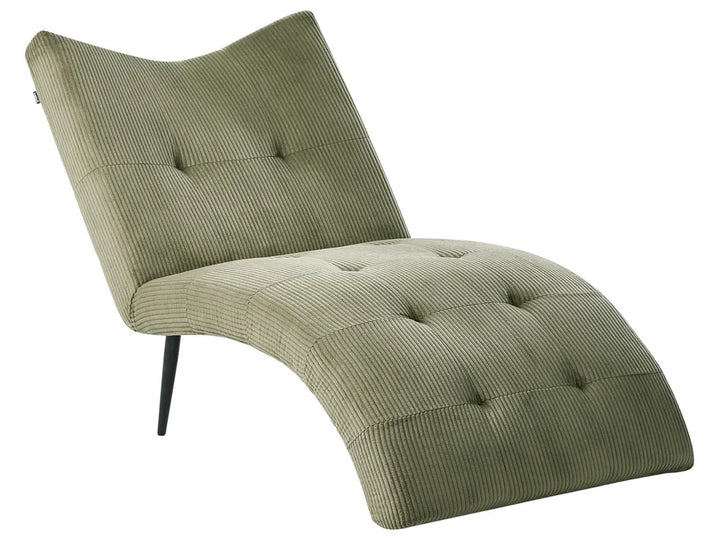 An olive green corduroy chaise lounge chair with a curved backrest and tufted button details, supported by slim black legs, shown against a plain white background.
