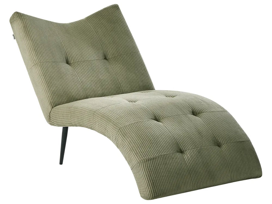 An olive green corduroy chaise lounge chair with a curved backrest and tufted button details, supported by slim black legs, shown against a plain white background.