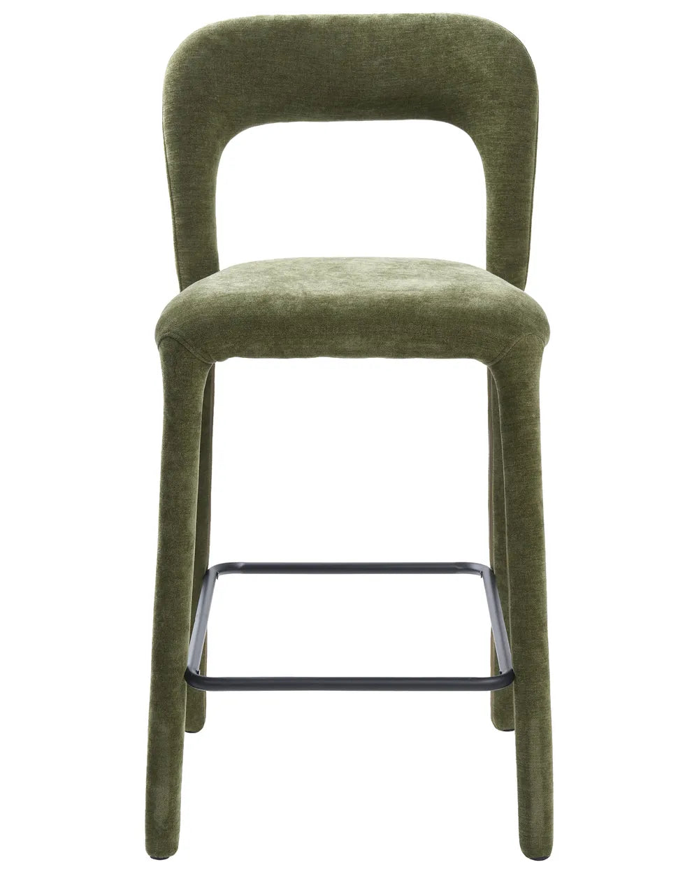 An upholstered bar stool with a curved backrest and seat in textured olive green fabric, supported by slim legs with a black metal footrest bar, shown against a plain white background.