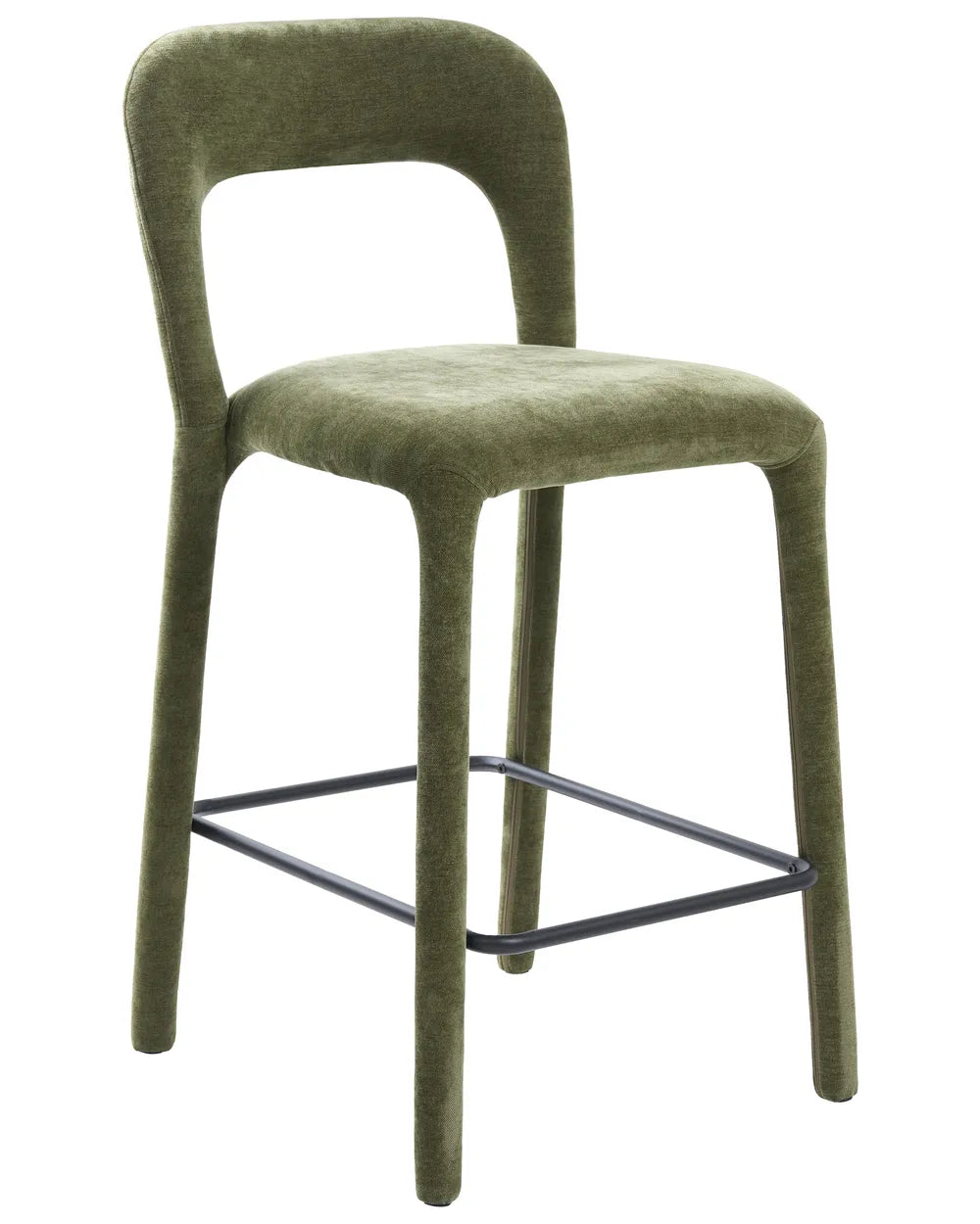 An upholstered bar stool with a curved backrest, padded seat, and slim black metal footrest, shown on a plain white background.