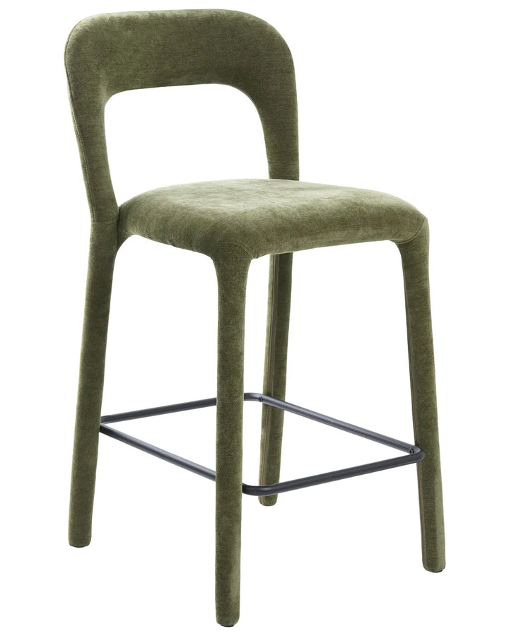 An upholstered bar stool with a curved backrest, padded seat, and slim black metal footrest, shown on a plain white background.
