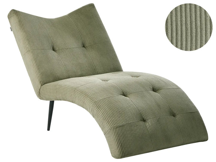 An olive green corduroy chaise lounge chair with a tufted backrest and footrest, shown on a white background with a circular fabric texture inset in the upper right.