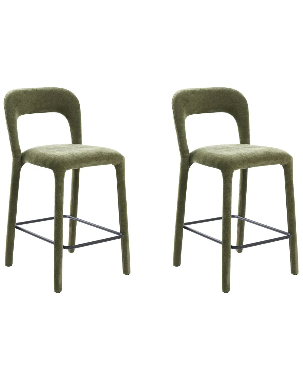 Two modern bar stools with olive green upholstered seats and curved backs, featuring slim black metal legs and footrests, shown on a plain white background.