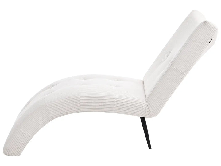 A modern white ribbed fabric chaise lounge chair with a curved tufted seat and a slim black metal leg, shown against a plain white background.