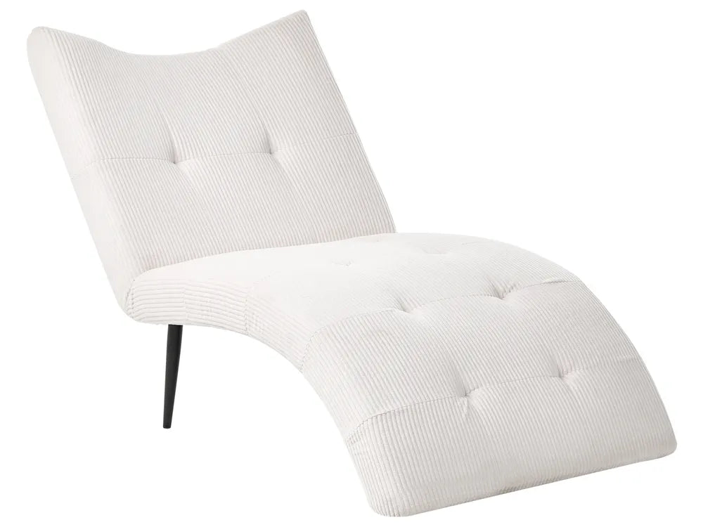 A modern curved chaise lounge chair upholstered in a textured off-white corduroy fabric, featuring button tufting on the backrest and seat, supported by slim black legs, shown against a plain white background.