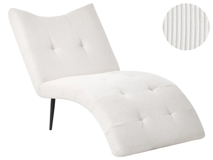 A white tufted chaise lounge chair with a ribbed corduroy-like fabric, featuring a circular inset detail of the fabric texture in the upper right corner.