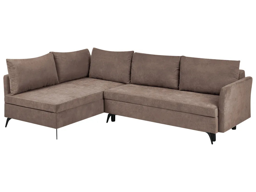 A brown fabric sectional sofa with a left-facing chaise lounge and three back cushions, shown on a plain white background.