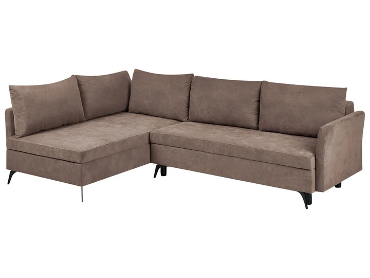A brown fabric sectional sofa with a left-facing chaise lounge and three back cushions, shown on a plain white background.