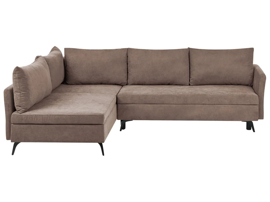 A modern L-shaped sectional sofa upholstered in a textured taupe fabric, featuring a left-facing chaise lounge and three back cushions, supported by slim black legs against a plain white background.