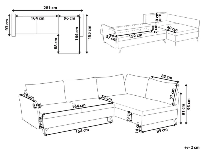 Corner Sofa Bed 3 Seater Fabric Beige with Storage Left Hand Jaydin