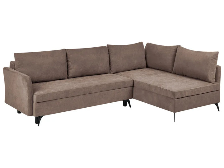 A brown L-shaped sectional sofa with a right-facing chaise lounge, upholstered in a textured fabric, shown against a plain white background.
