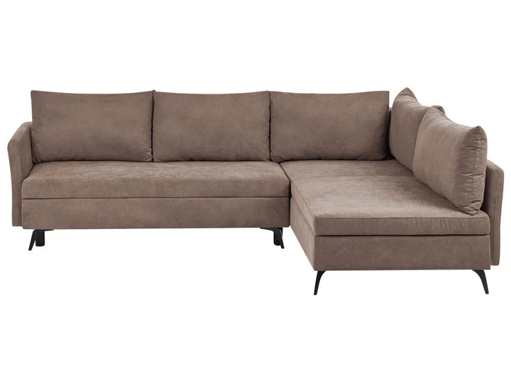 A taupe brown L-shaped sectional sofa with a right-facing chaise lounge, upholstered in a textured fabric and supported by slim black legs, shown against a plain white background.