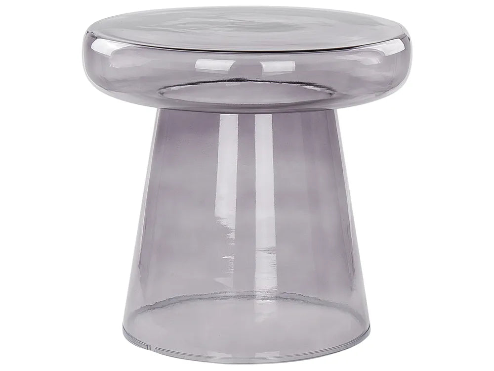 A modern translucent gray plastic stool with a wide circular seat and a tapered base, shown on a plain white background.