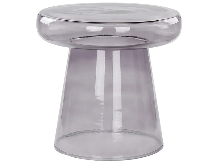 A modern translucent gray plastic stool with a wide circular seat and a tapered base, shown on a plain white background.