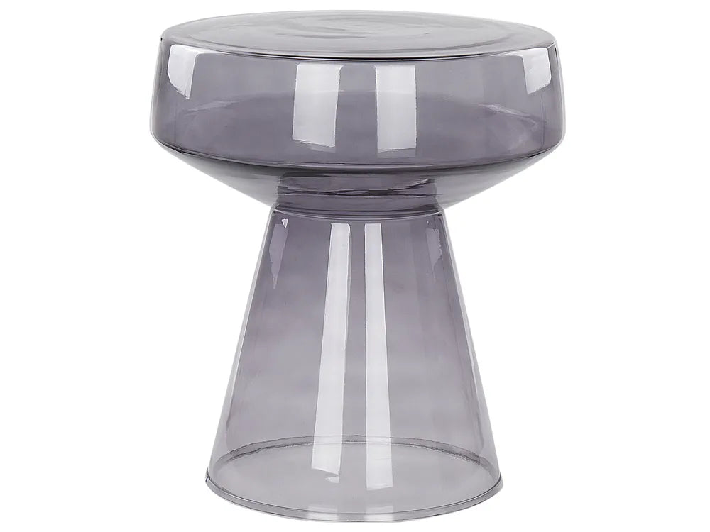 A translucent smoky gray plastic stool with a wide circular seat and a tapered pedestal base, shown on a plain white background.