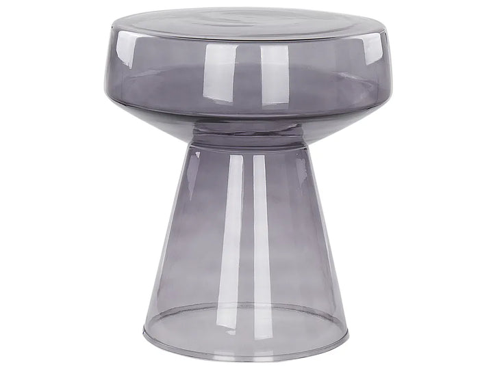 A translucent smoky gray plastic stool with a wide circular seat and a tapered pedestal base, shown on a plain white background.