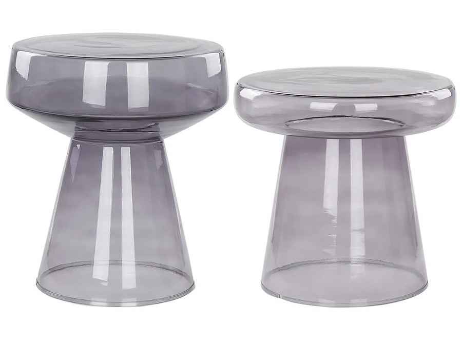 Two transparent gray side tables on a white background