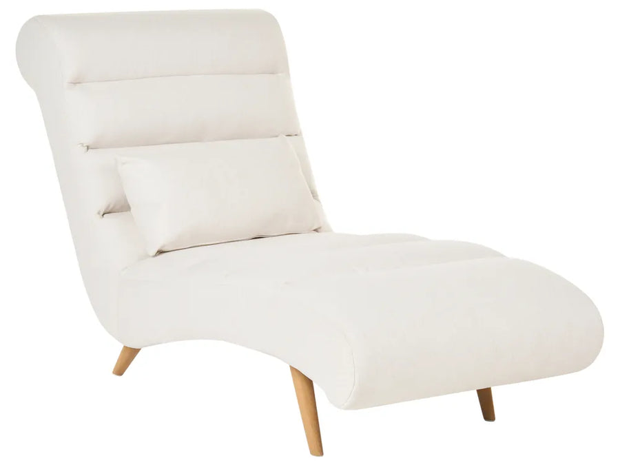 An off-white upholstered chaise lounge chair with a matching lumbar pillow and light wood legs, shown against a plain white background.