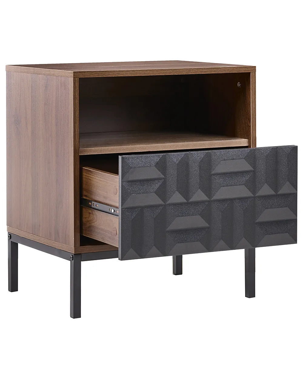 A modern wooden nightstand with a medium brown wood grain finish, featuring an open top shelf, a partially pulled-out drawer with a dark textured geometric patterned front, and slim black metal legs.