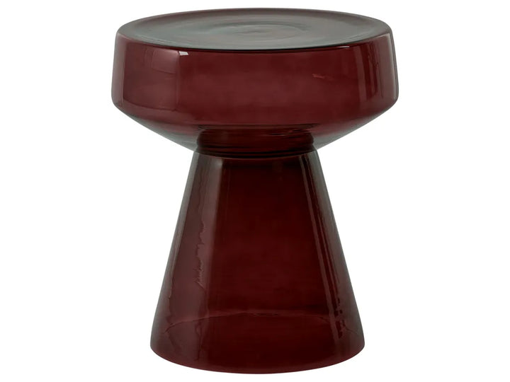 A modern mushroom-shaped side stool made of translucent dark red glass, shown against a plain white background.