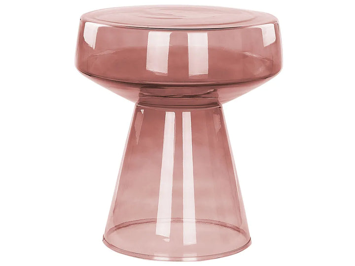 A translucent dusty rose pink plastic stool with a wide circular seat and a tapered pedestal base, shown on a plain white background.