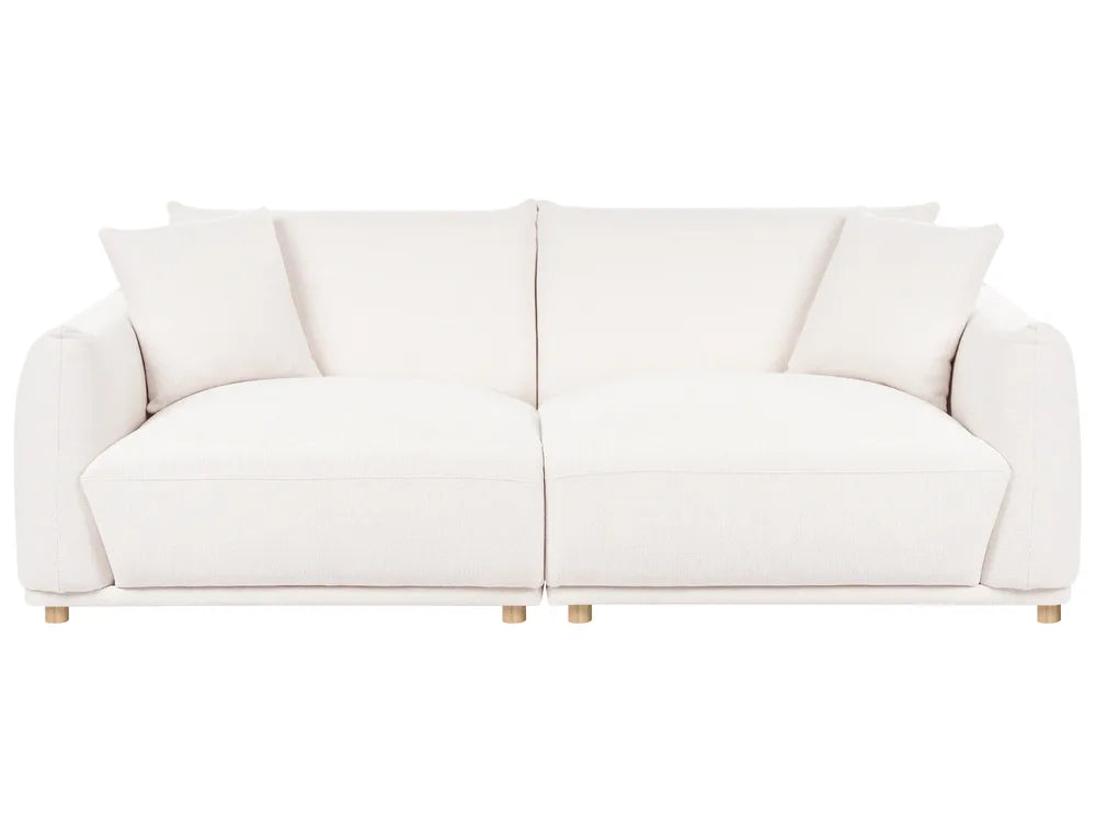 A modern two-seater sofa upholstered in off-white fabric, featuring four matching back cushions and small wooden legs, shown against a plain white background.