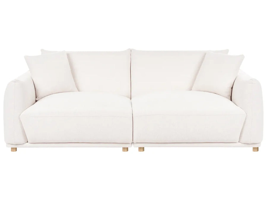 A modern two-seater sofa upholstered in off-white fabric, featuring four matching back cushions and small wooden legs, shown against a plain white background.