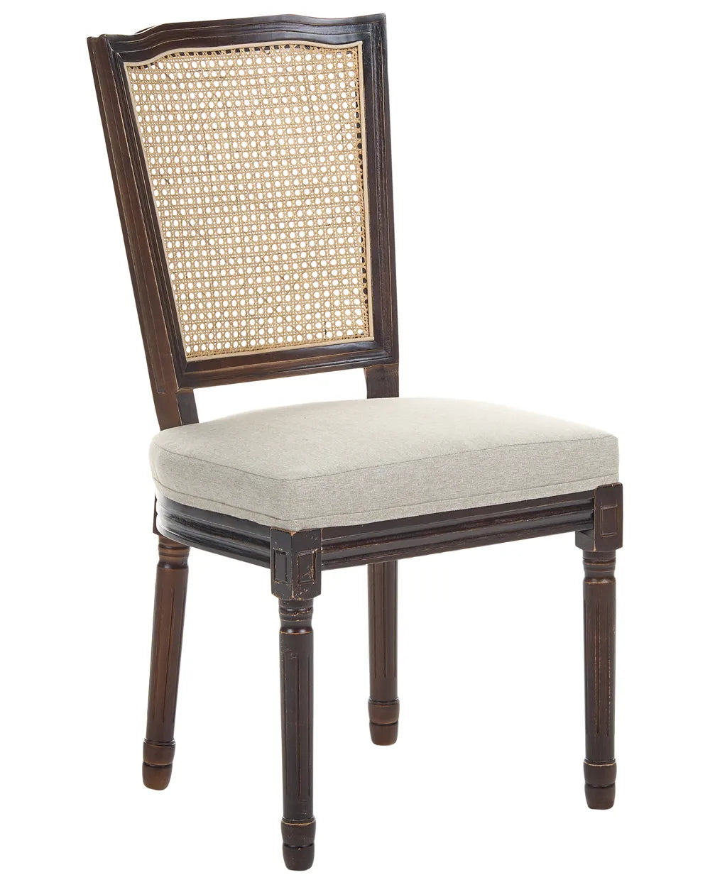A classic wooden dining chair with a dark brown frame, woven cane backrest, and a light beige upholstered seat cushion, shown against a plain white background.