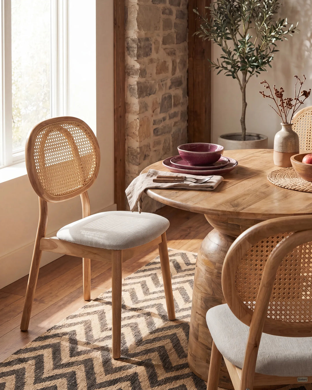 A warm, rustic dining room scene featuring a round wooden table, woven cane chairs with light beige cushions, a patterned rug, and a stone wall in the background.