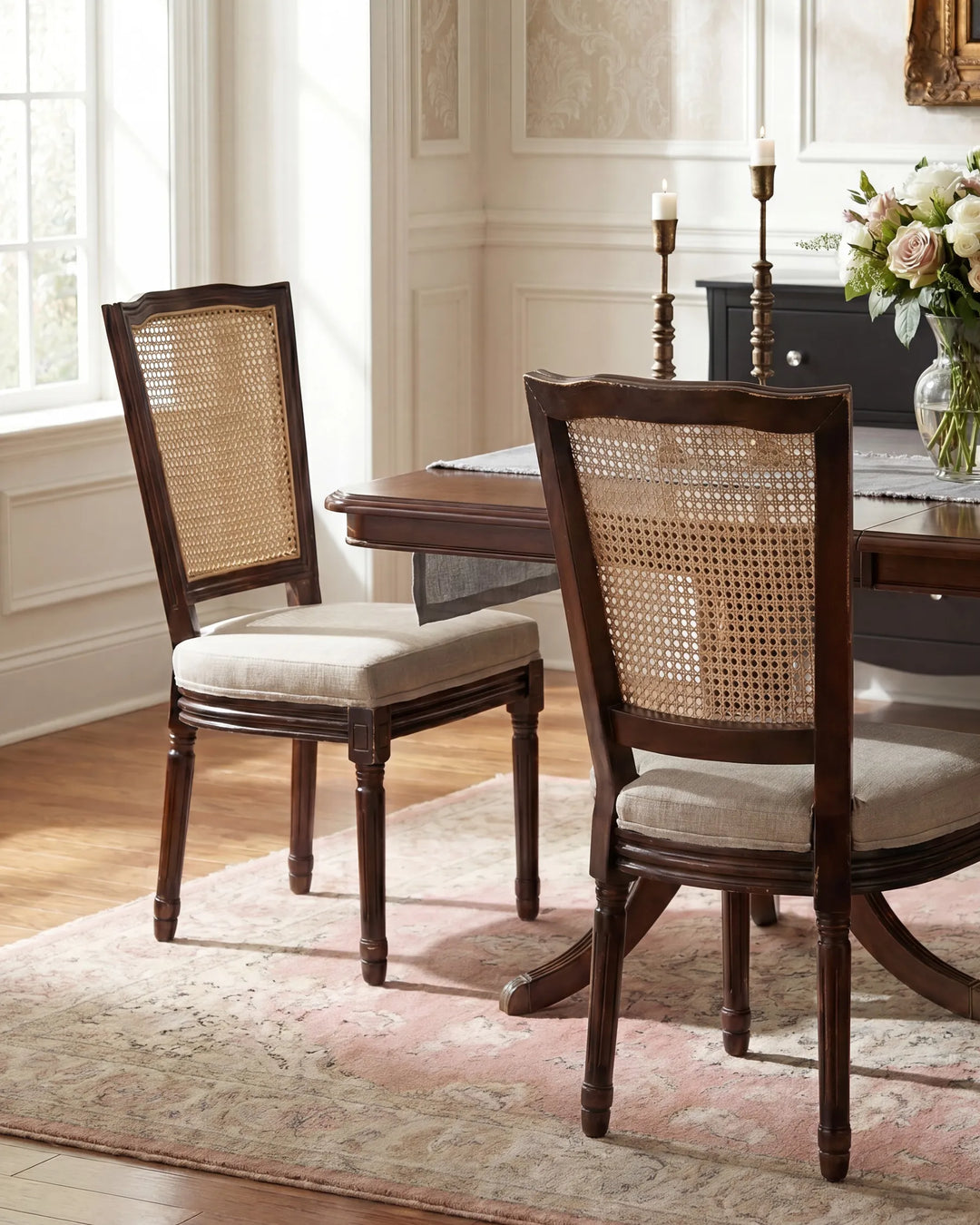 Two wooden dining chairs with woven cane backs and light beige upholstered seats, shown in a bright dining room beside a dark wood table.