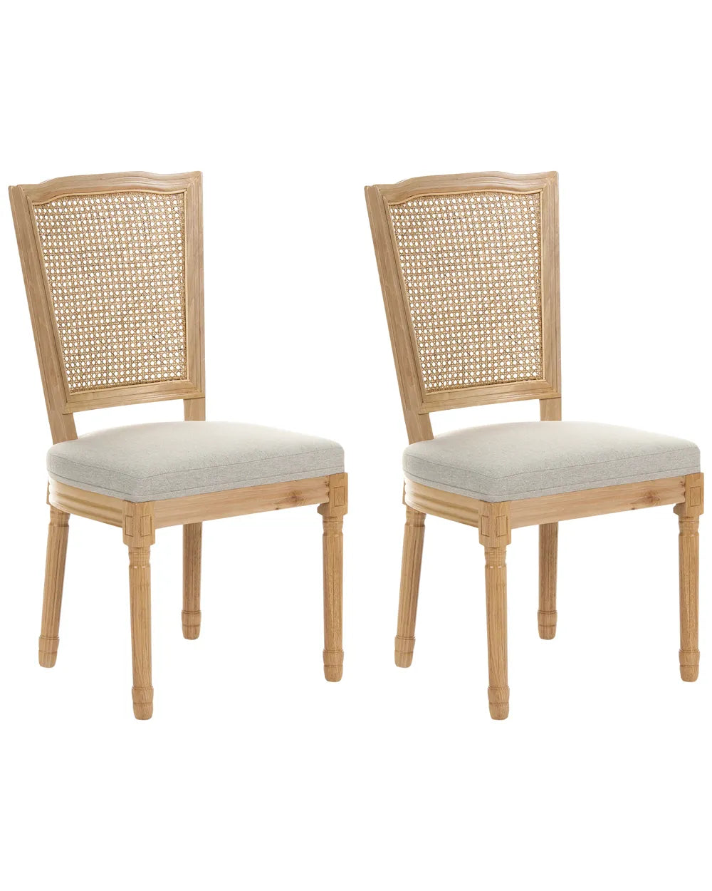 Two matching wooden dining chairs with woven cane backrests and light gray upholstered seats, shown on a plain white background.