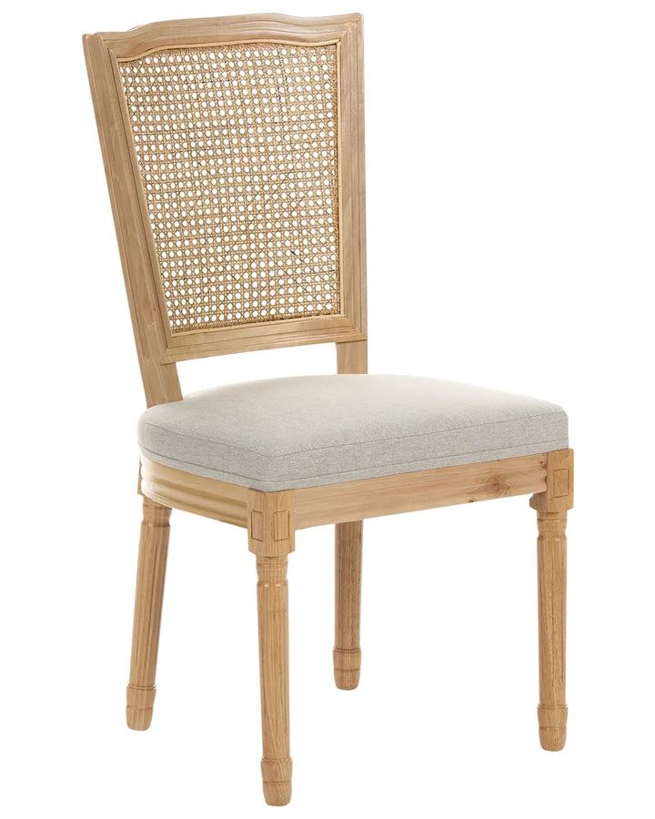 A classic-style side chair with a light natural wood frame, a woven cane backrest, and a light gray upholstered seat cushion, shown against a plain white background.