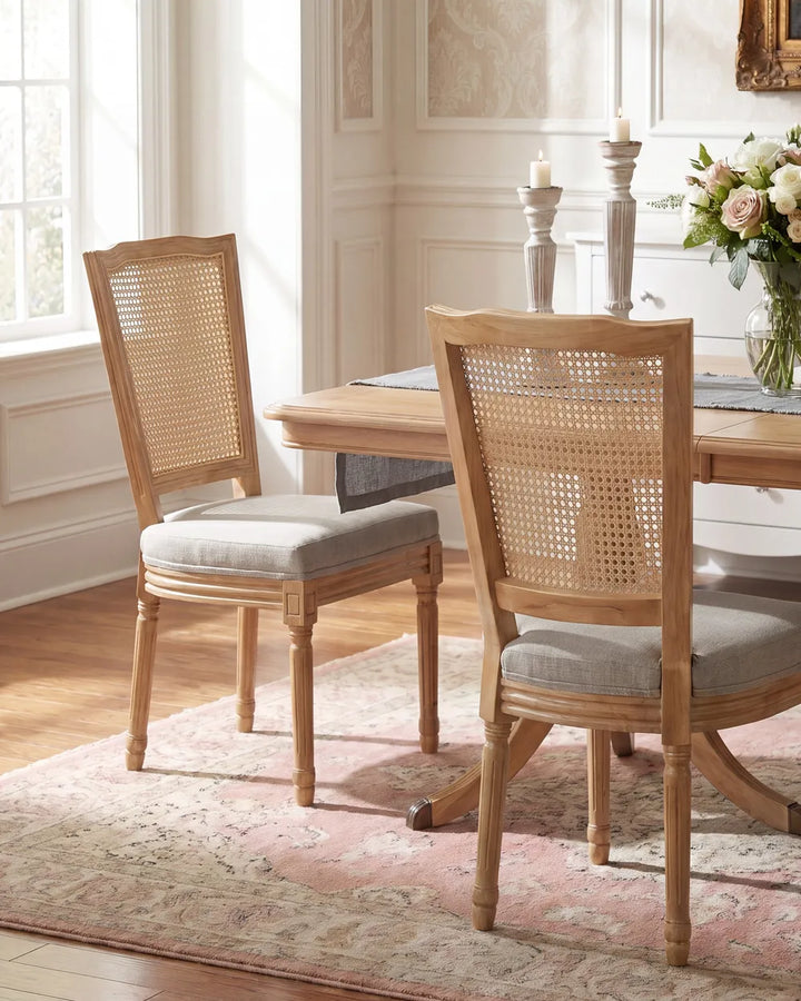 Two wooden dining chairs with woven cane backs and light gray upholstered seats, shown in a bright dining room beside a wooden table and patterned rug.