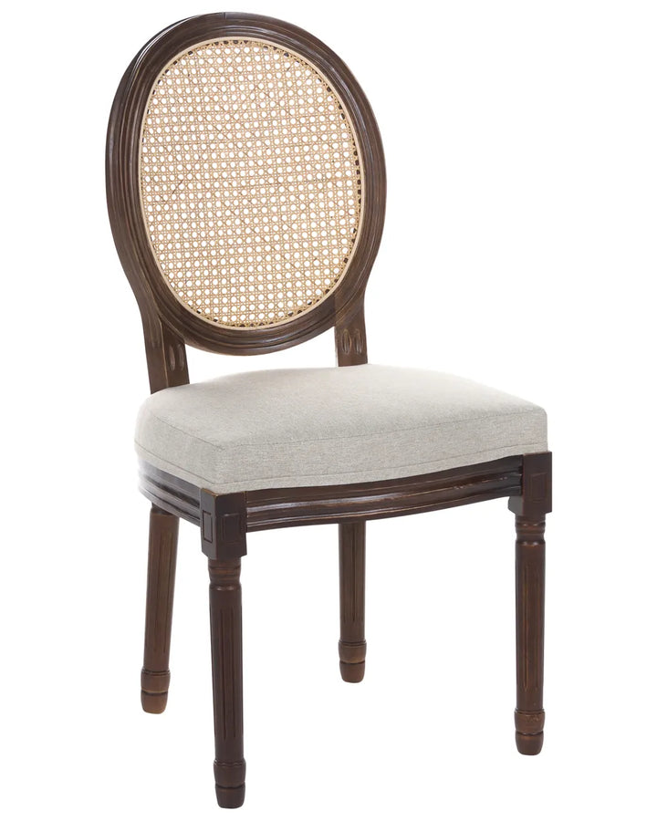 A classic wooden dining chair with a dark brown frame, a woven cane backrest, and a light beige upholstered seat cushion, shown against a plain white background.