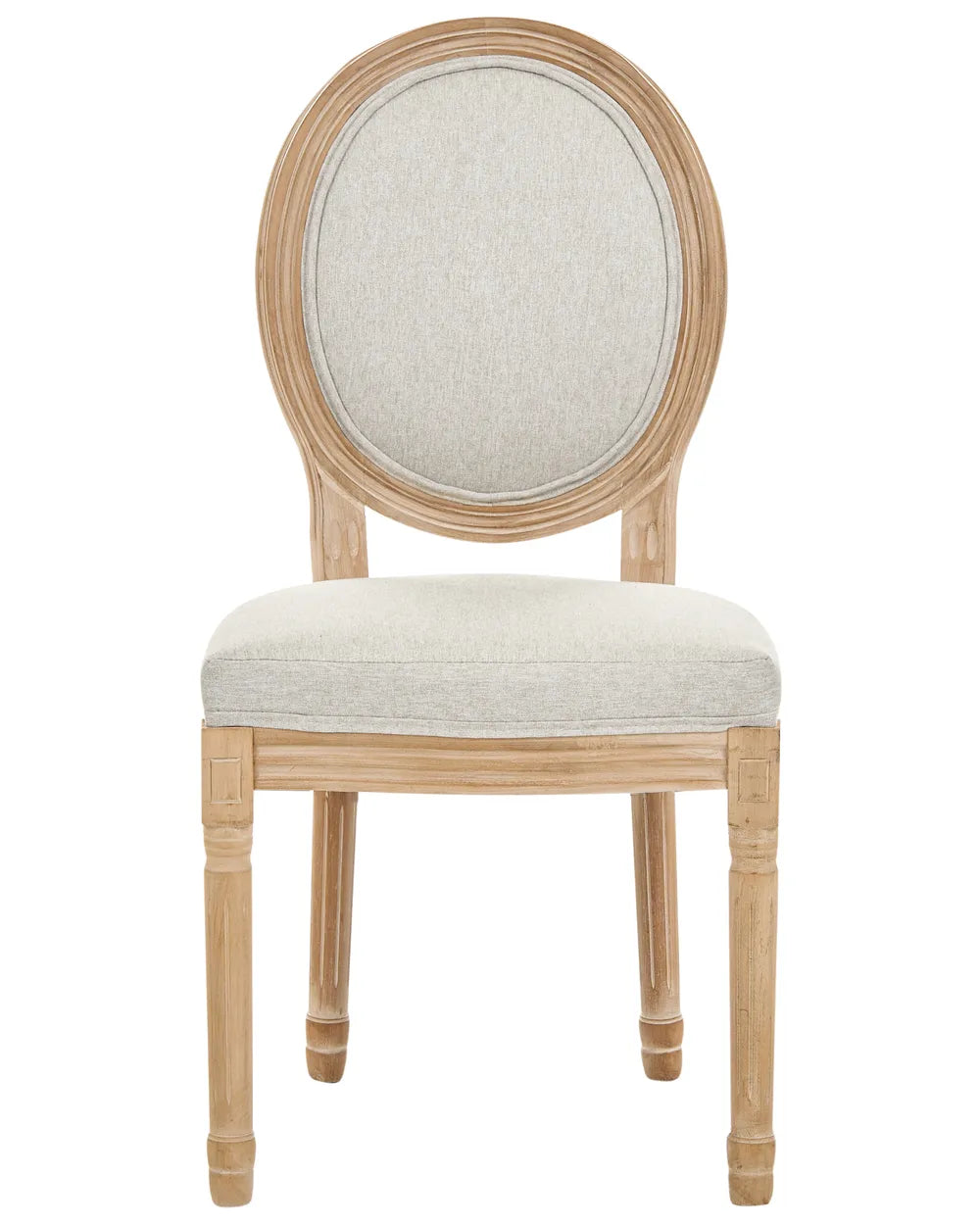 An oval-back dining chair with a light natural wood frame and textured cream fabric upholstery on the seat and backrest.