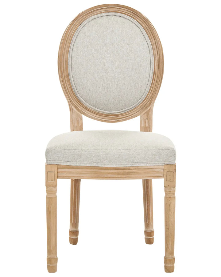 An oval-back dining chair with a light natural wood frame and textured cream fabric upholstery on the seat and backrest.