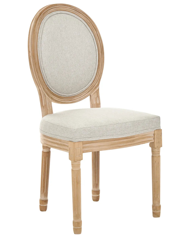 An oval-back dining chair with a light natural wood frame and light beige textured fabric upholstery on the seat and backrest, shown against a plain white background.