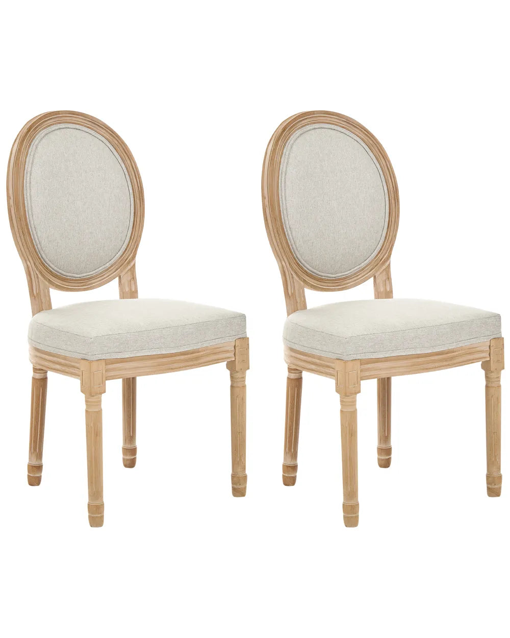 Two matching dining chairs with oval upholstered backs and light natural wood frames, shown on a plain white background.
