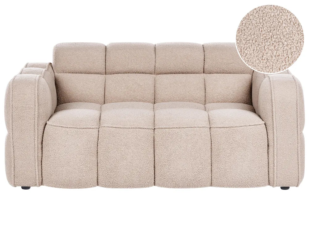 Beige sofa with close-up of fabric texture on a white background