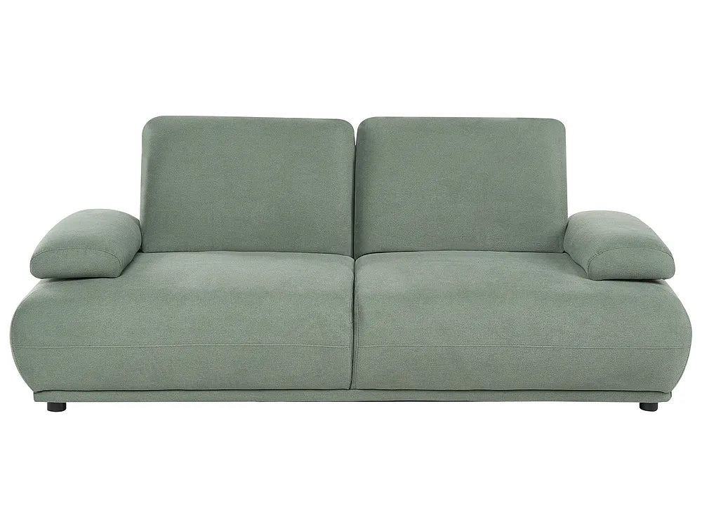 A modern two-seater sofa upholstered in a muted sage green fabric, shown from a straight-on front angle against a plain white background.