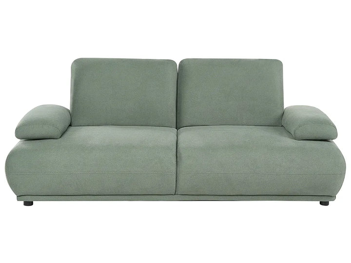 A modern two-seater sofa upholstered in a muted sage green fabric, shown from a straight-on front angle against a plain white background.