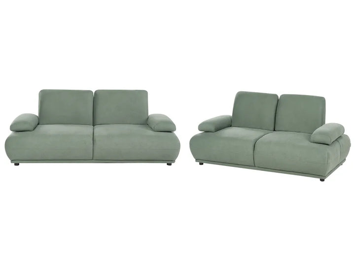 A modern two-seater sofa upholstered in a muted sage green fabric, shown from a straight-on front angle against a plain white background.