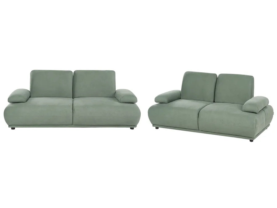 A modern two-seater sofa upholstered in a muted sage green fabric, shown from a straight-on front angle against a plain white background.