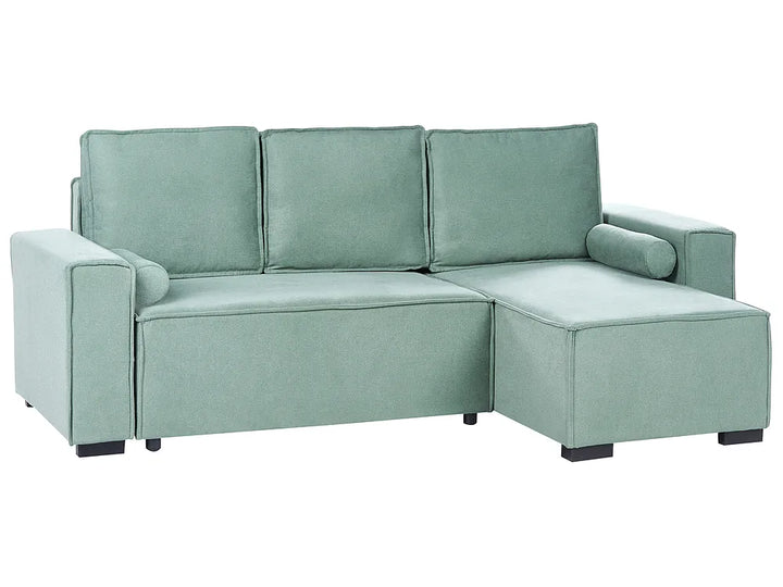 A three-seat sectional sofa with a right-side chaise lounge, upholstered in a textured sage green fabric, shown against a plain white background.