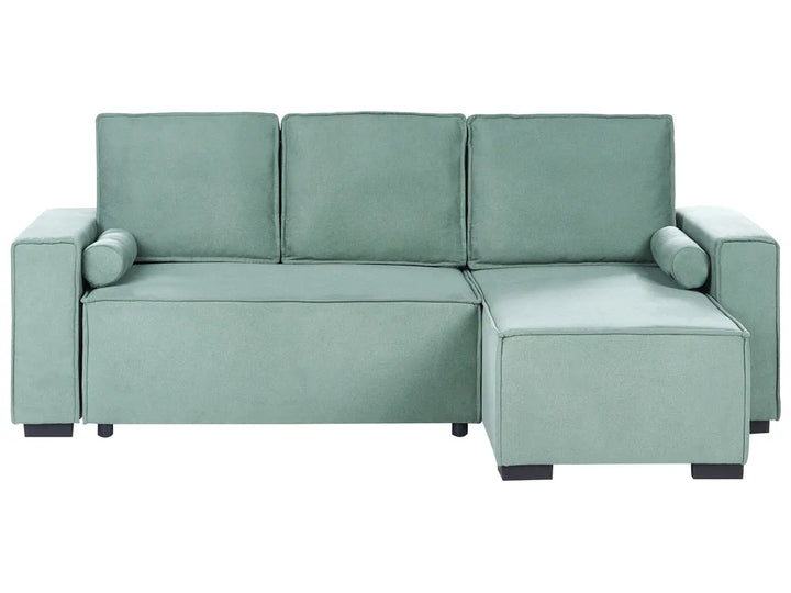 A three-seat sectional sofa with a right-side chaise lounge, upholstered in a textured sage green fabric, shown against a plain white background.