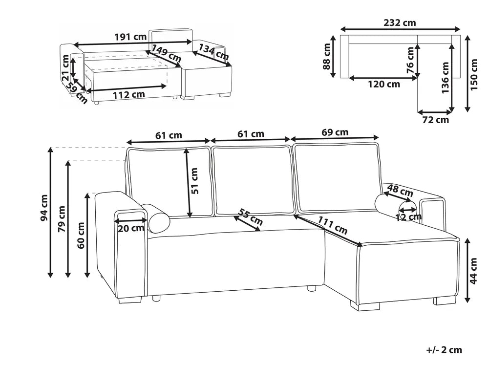 Corner Sofa Bed 3 Seater with Storage Fabric Grey Left Hand Brittanni